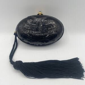 Vintage Italian Alligator Minaudière Clutch Purse Black Gold Tassel